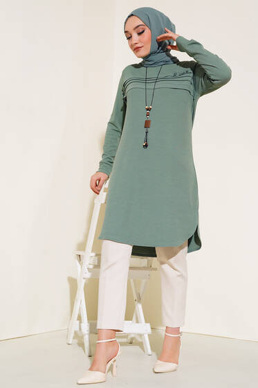 Kolyeli Taşlı Tunik Çağla Yeşili - Tunik