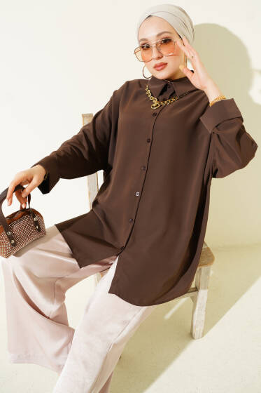 Kolyeli Yarasa Kol Salaş Gömlek Kahve - Gömlek