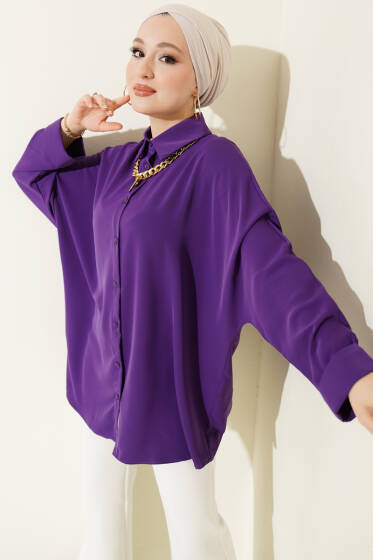 Kolyeli Yarasa Kol Salaş Gömlek Mor - Gömlek