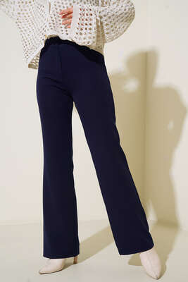 Kopçalı Bol Paça Pantolon Lacivert - Pantolon