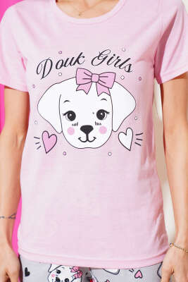 Köpek Figürlü Kısa Kol Pijama Takımı Pembe - Kadın Pijama Takımı