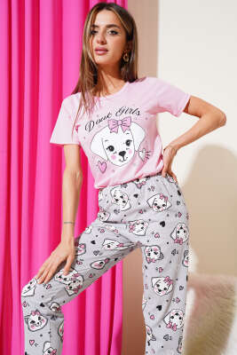 Köpek Figürlü Kısa Kol Pijama Takımı Pembe - Kadın Pijama Takımı