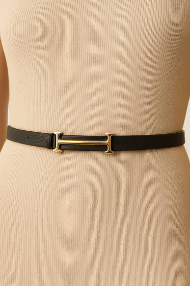 Köprü Tokalı İnce Kemer Siyah - Deri Kemer