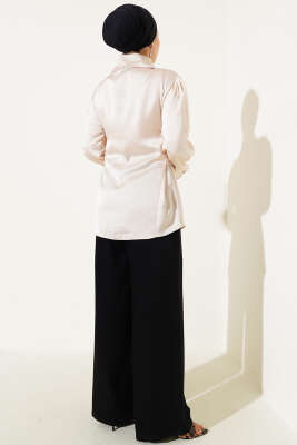 Korse Bağlamalı Kuşaklı Saten Gömlek Bej - Gömlek