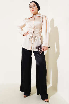 Korse Bağlamalı Kuşaklı Saten Gömlek Bej - Gömlek