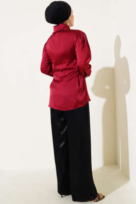 Korse Bağlamalı Kuşaklı Saten Gömlek Bordo - Gömlek