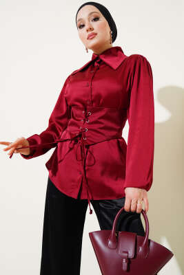 Korse Bağlamalı Kuşaklı Saten Gömlek Bordo 