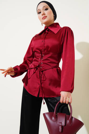 Korse Bağlamalı Kuşaklı Saten Gömlek Bordo - Gömlek