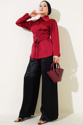 Korse Bağlamalı Kuşaklı Saten Gömlek Bordo - Gömlek