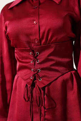 Korse Bağlamalı Kuşaklı Saten Gömlek Bordo - Gömlek