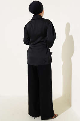 Korse Bağlamalı Kuşaklı Saten Gömlek Siyah - Gömlek