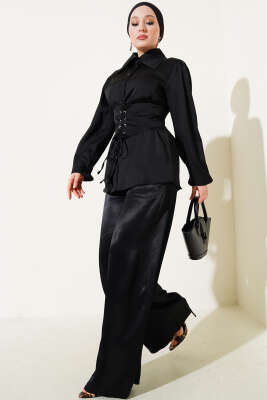 Korse Bağlamalı Kuşaklı Saten Gömlek Siyah - Gömlek