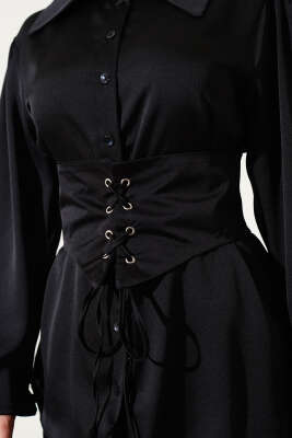 Korse Bağlamalı Kuşaklı Saten Gömlek Siyah - Gömlek