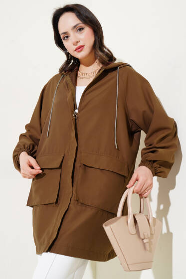 Körük Cepli Kapüşonlu Fermuarlı Kap Kahve - Dış Giyim&Mont