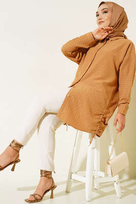 Körüklü Ağaç Kabuğu Büzgülü Gömlek Camel - NEVA MODA