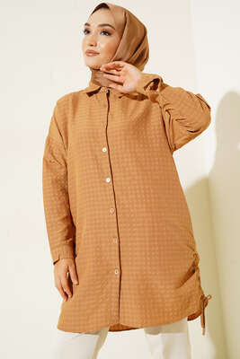 Körüklü Ağaç Kabuğu Büzgülü Gömlek Camel - Gömlek