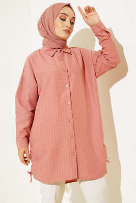 Körüklü Ağaç Kabuğu Büzgülü Gömlek Gül Kurusu - NEVA MODA