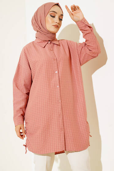 Körüklü Ağaç Kabuğu Büzgülü Gömlek Gül Kurusu - Gömlek