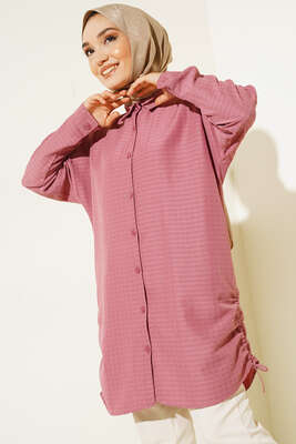 Körüklü Ağaç Kabuğu Büzgülü Gömlek Gül Pembe - NEVA MODA