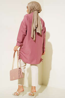 Körüklü Ağaç Kabuğu Büzgülü Gömlek Gül Pembe - Gömlek