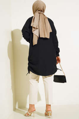 Körüklü Ağaç Kabuğu Büzgülü Gömlek Siyah - Gömlek