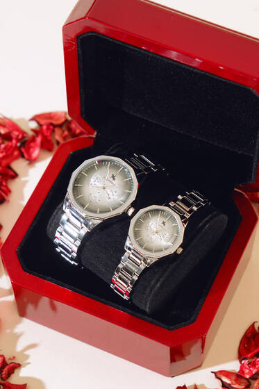 Köşeli Çerçeve Sevgili Çift Kol Saati Silver - Saat