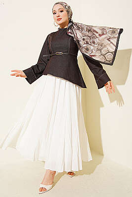 Kot Bluzlu Vual Etekli İkili Takım Kahve - HEWES