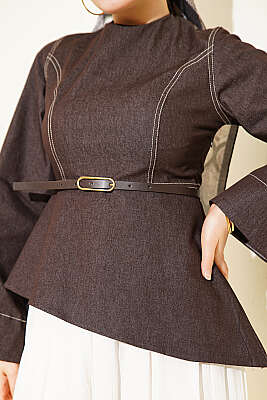 Kot Bluzlu Vual Etekli İkili Takım Kahve - İkili Takım