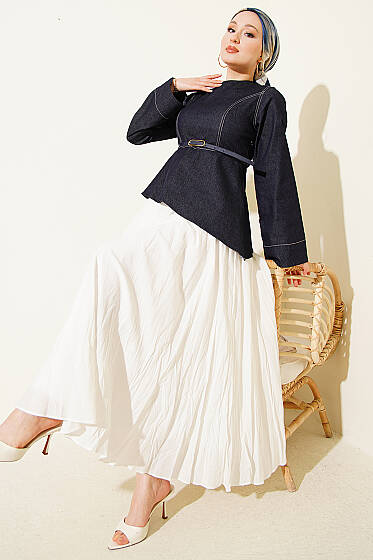 Kot Bluzlu Vual Etekli İkili Takım Lacivert - İkili Takım