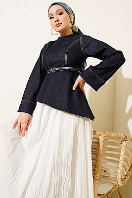 Kot Bluzlu Vual Etekli İkili Takım Lacivert - İkili Takım