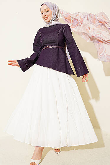 Kot Bluzlu Vual Etekli İkili Takım Mürdüm - İkili Takım