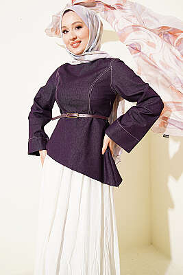 Kot Bluzlu Vual Etekli İkili Takım Mürdüm - İkili Takım