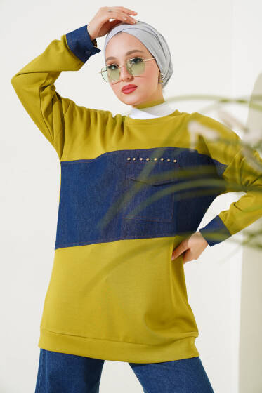 Kot Cep Detaylı Taşlı Tunik Yağ Yeşili - Tunik