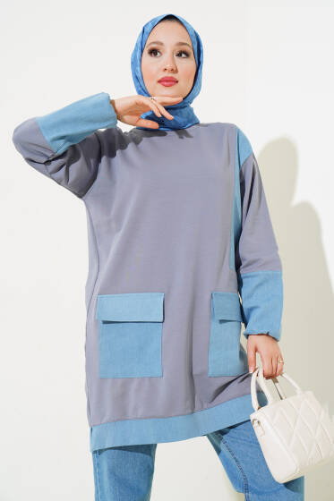 Kot Cep Garnili Tunik Kayrak Grisi - Tunik