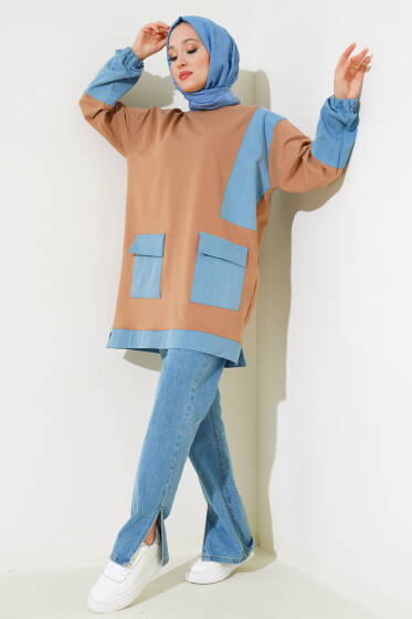 Kot Cep Garnili Tunik Latte - Tunik