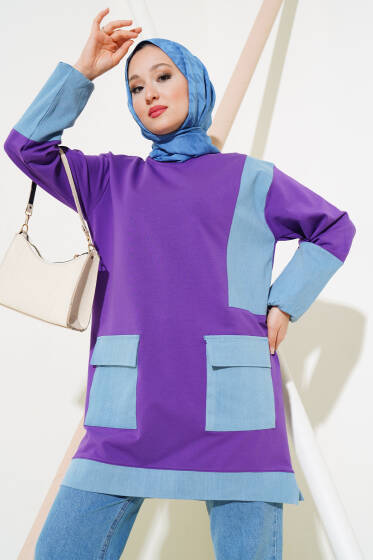 Kot Cep Garnili Tunik Lila - Tunik