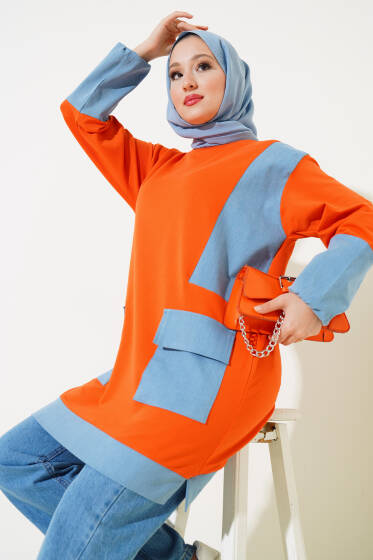 Kot Cep Garnili Tunik Oranj - Tunik