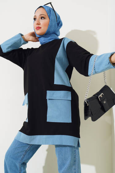 Kot Cep Garnili Tunik Siyah - Tunik
