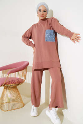 Kot Cepli İncili Triko İkili Takım Gül Kurusu - Triko İkili Takım