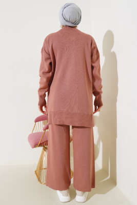 Kot Cepli İncili Triko İkili Takım Gül Kurusu - Triko İkili Takım