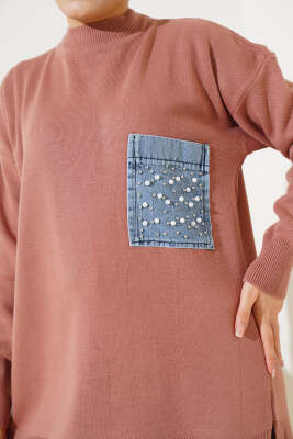 Kot Cepli İncili Triko İkili Takım Gül Kurusu - Triko İkili Takım