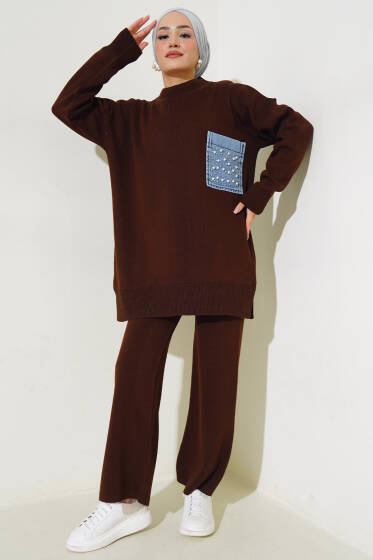 Kot Cepli İncili Triko İkili Takım Kahve - Triko