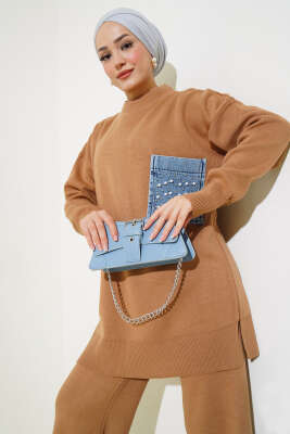 Kot Cepli İncili Triko İkili Takım Latte - Triko İkili Takım