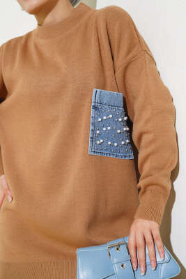 Kot Cepli İncili Triko İkili Takım Latte - Triko İkili Takım