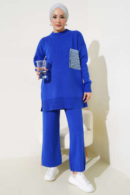 Kot Cepli İncili Triko İkili Takım Saks - Triko İkili Takım