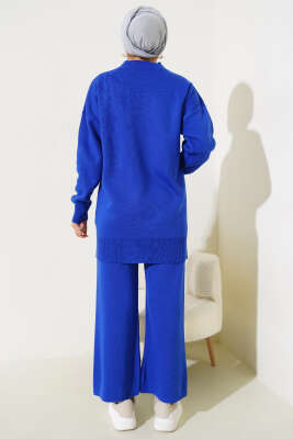 Kot Cepli İncili Triko İkili Takım Saks - Triko İkili Takım