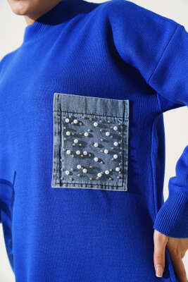 Kot Cepli İncili Triko İkili Takım Saks - Triko İkili Takım