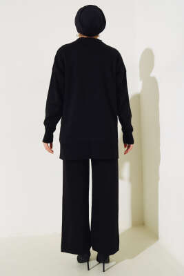 Kot Cepli İncili Triko İkili Takım Siyah - Triko İkili Takım