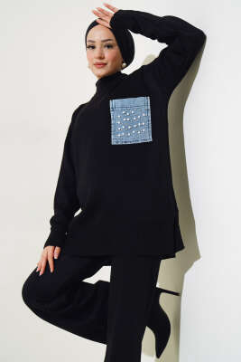 Kot Cepli İncili Triko İkili Takım Siyah - Triko İkili Takım