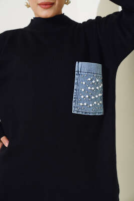 Kot Cepli İncili Triko İkili Takım Siyah - Triko İkili Takım